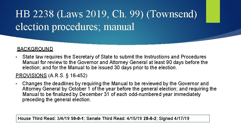 HB 2238 (Laws 2019, Ch. 99) (Townsend) election procedures; manual BACKGROUND • State law