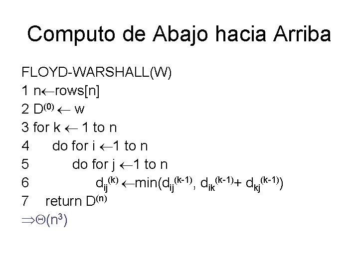 Computo de Abajo hacia Arriba FLOYD-WARSHALL(W) 1 n rows[n] 2 D(0) w 3 for