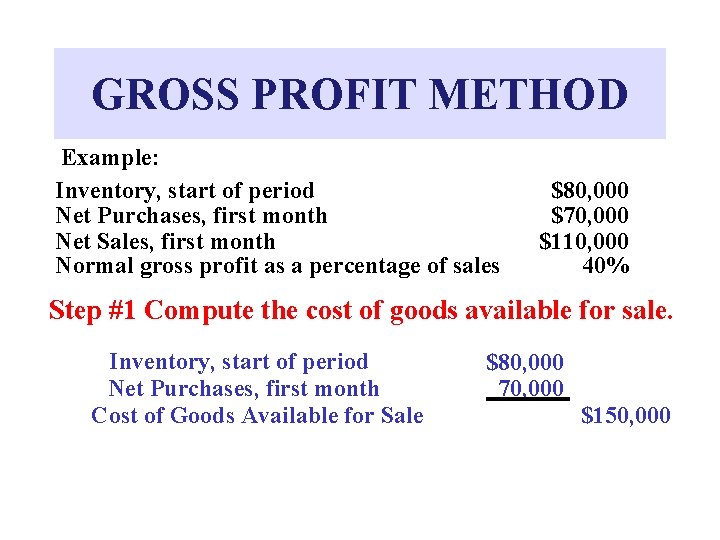 GROSS PROFIT METHOD Example: Inventory, start of period Net Purchases, first month Net Sales,