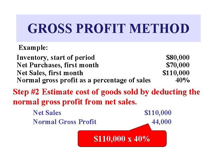 GROSS PROFIT METHOD Example: Inventory, start of period Net Purchases, first month Net Sales,