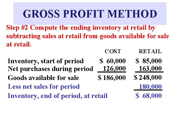 GROSS PROFIT METHOD Step #2 Compute the ending inventory at retail by subtracting sales