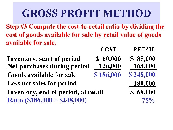 GROSS PROFIT METHOD Step #3 Compute the cost-to-retail ratio by dividing the cost of