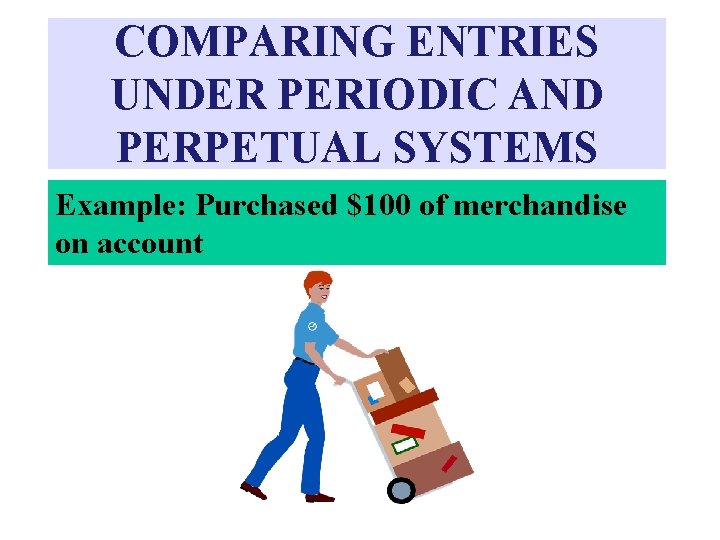 COMPARING ENTRIES UNDER PERIODIC AND PERPETUAL SYSTEMS Example: Purchased $100 of merchandise on account
