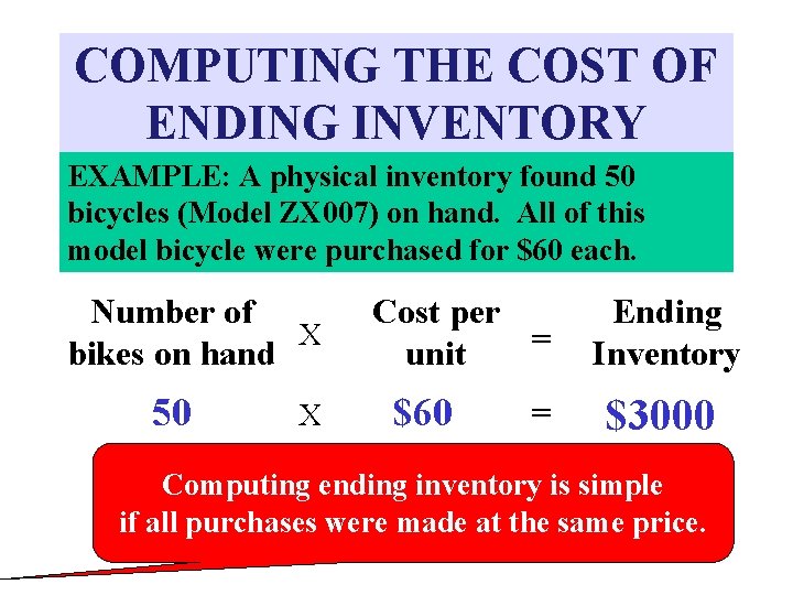 COMPUTING THE COST OF ENDING INVENTORY EXAMPLE: A physical inventory found 50 bicycles (Model