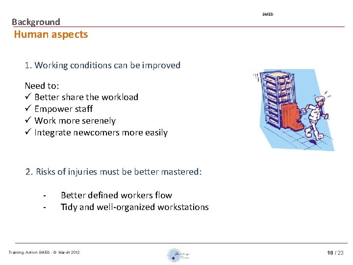 SMED Background Human aspects 1. Working conditions can be improved Need to: ü Better