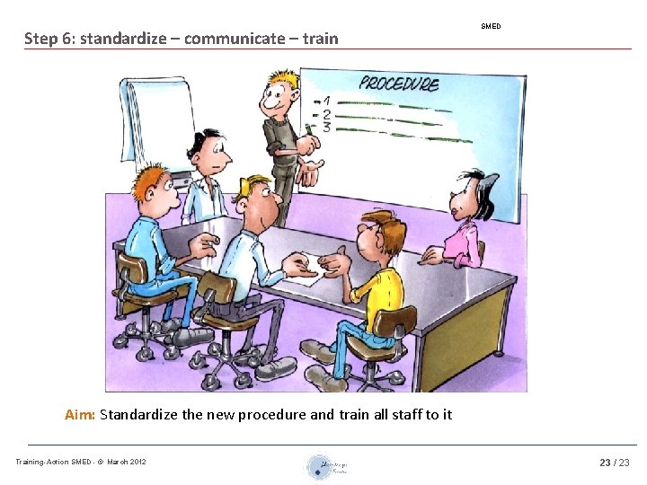 Step 6: standardize – communicate – train SMED Aim: Standardize the new procedure and
