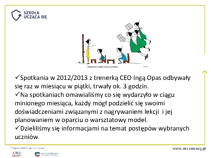 üSpotkania w 2012/2013 z trenerką CEO Ingą Opas odbywały się raz w miesiącu w