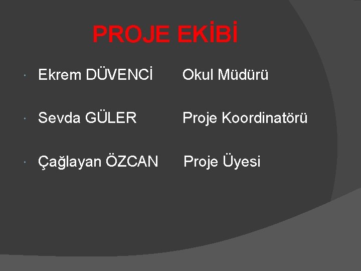 PROJE EKİBİ Ekrem DÜVENCİ Okul Müdürü Sevda GÜLER Proje Koordinatörü Çağlayan ÖZCAN Proje Üyesi