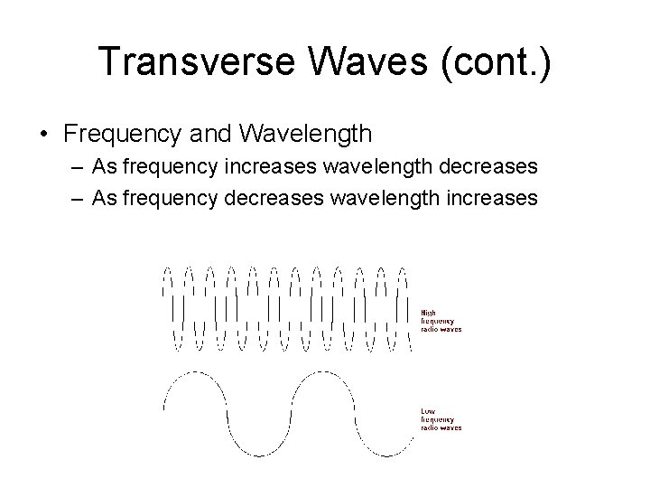 Transverse Waves (cont. ) • Frequency and Wavelength – As frequency increases wavelength decreases