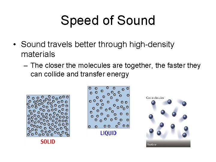 Speed of Sound • Sound travels better through high-density materials – The closer the
