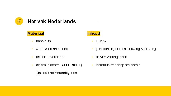 Het vak Nederlands Materiaal Inhoud • hand-outs • ICT: ¼ • werk- & bronnenboek