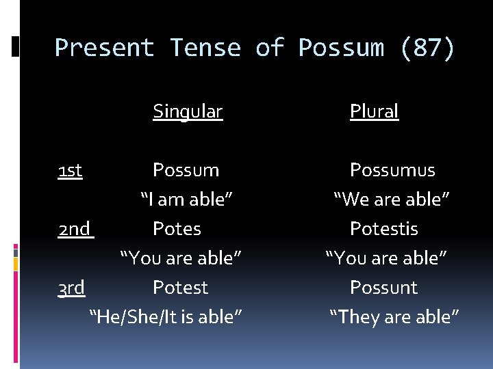 Present Tense of Possum (87) Singular 1 st Possum “I am able” 2 nd