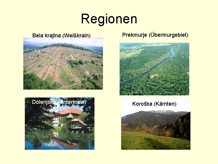 Regionen Bela krajina (Weißkrain) Dolenjska (Unterkrain) Prekmurje (Übermurgebiet) Koroška (Kärnten) 