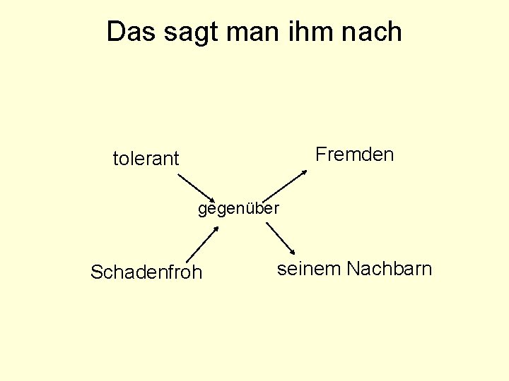 Das sagt man ihm nach Fremden tolerant gegenüber Schadenfroh seinem Nachbarn 