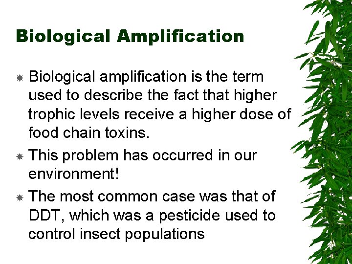 Biological Amplification Biological amplification is the term used to describe the fact that higher