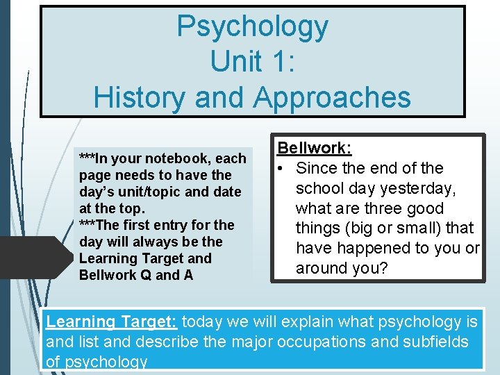 Psychology Unit 1: History and Approaches ***In your notebook, each page needs to have