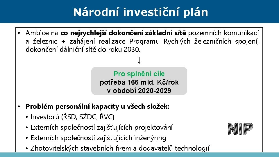 Národní investiční plán • Ambice na co nejrychlejší dokončení základní sítě pozemních komunikací a