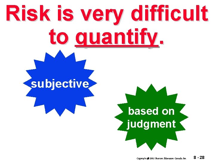 Risk is very difficult to quantify. subjective based on judgment Copyright 2003 Pearson Education