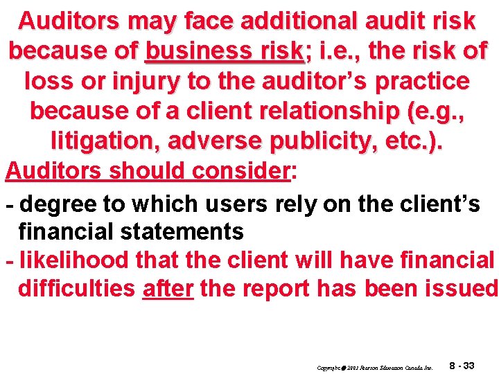 Auditors may face additional audit risk because of business risk; i. e. , the