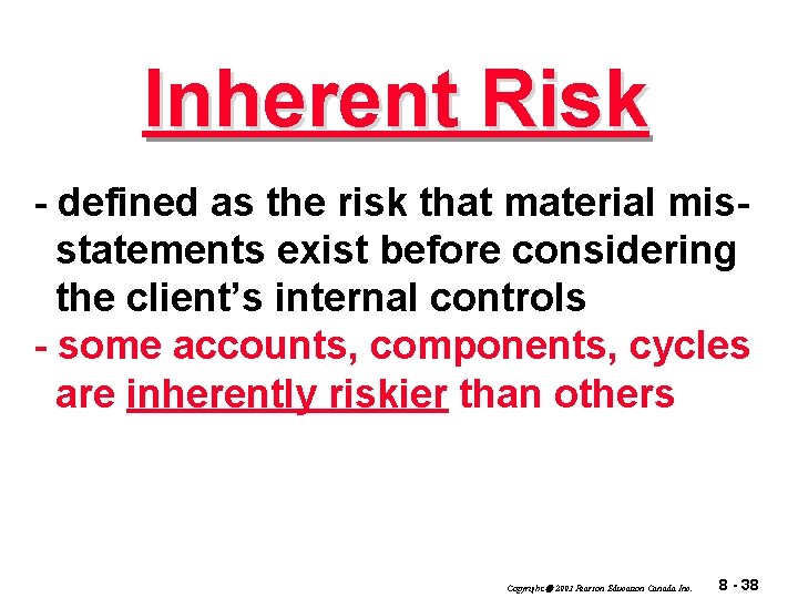Inherent Risk - defined as the risk that material misstatements exist before considering the
