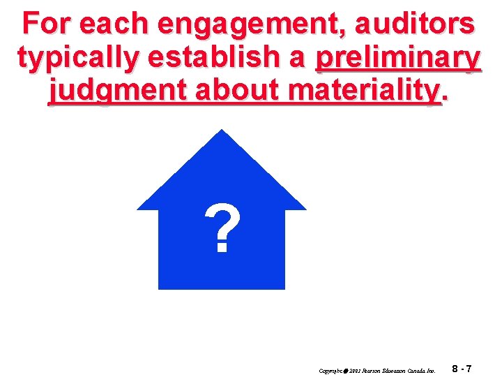 For each engagement, auditors typically establish a preliminary judgment about materiality. ? Copyright 2003