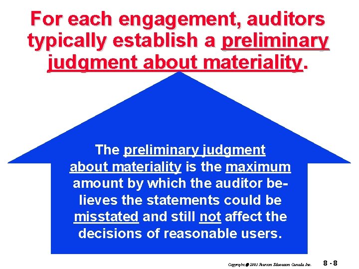 For each engagement, auditors typically establish a preliminary judgment about materiality. The preliminary judgment