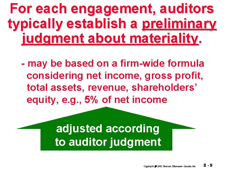 For each engagement, auditors typically establish a preliminary judgment about materiality. - may be
