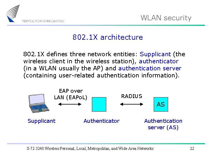 WLAN security 802. 1 X architecture 802. 1 X defines three network entities: Supplicant