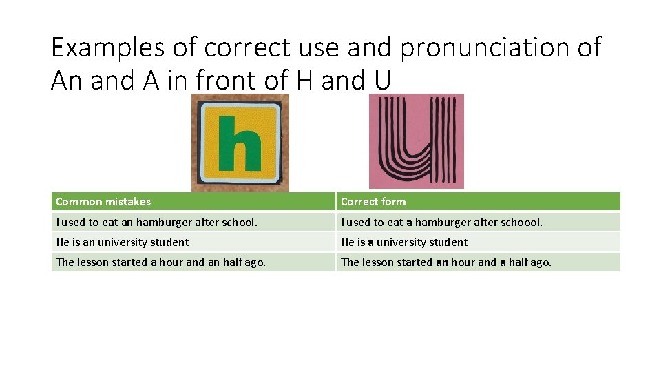 Examples of correct use and pronunciation of An and A in front of H