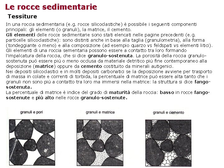 Le rocce sedimentarie Tessiture In una roccia sedimentaria (e. g. rocce silicoclastiche) è possibile