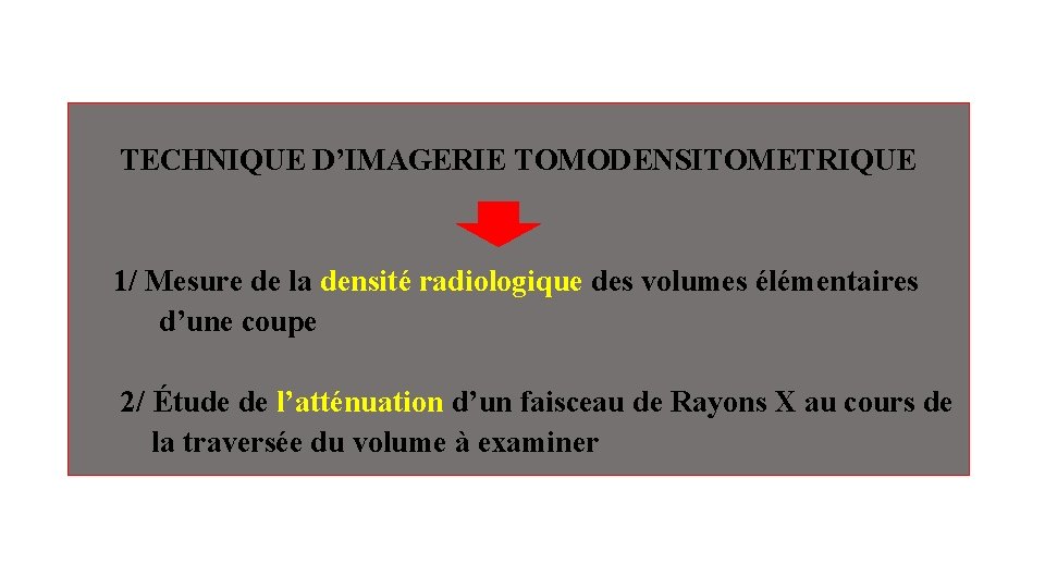 TECHNIQUE D’IMAGERIE TOMODENSITOMETRIQUE 1/ Mesure de la densité radiologique des volumes élémentaires d’une coupe
