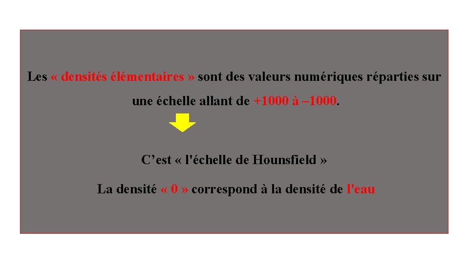 Les « densités élémentaires » sont des valeurs numériques réparties sur une échelle allant