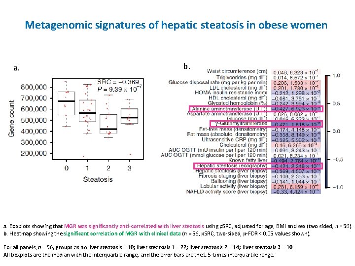 Metagenomic signatures of hepatic steatosis in obese women a. b. a. Boxplots showing that