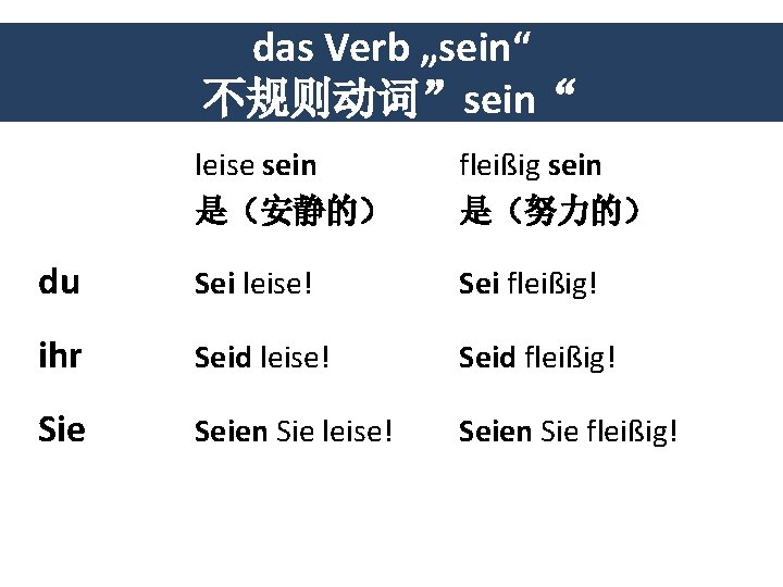 das Verb „sein“ 不规则动词”sein“ leise sein 是（安静的） fleißig sein 是（努力的） du Sei leise! Sei