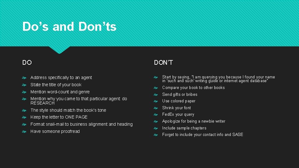 Do’s and Don’ts DO DON’T Address specifically to an agent Start by saying, "I