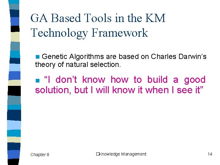 GA Based Tools in the KM Technology Framework Genetic Algorithms are based on Charles