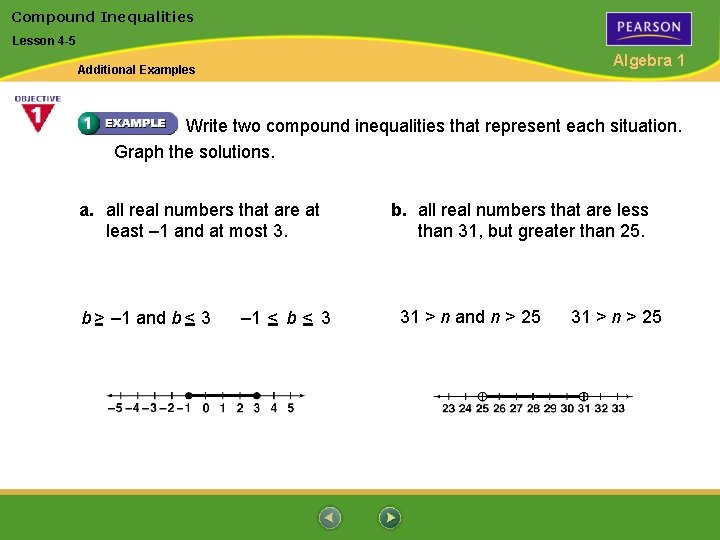 Compound Inequalities Lesson 4 -5 Algebra 1 Additional Examples Write two compound inequalities that
