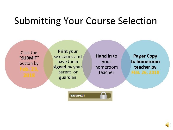 Submitting Your Course Selection Click the “SUBMIT” button by Feb. 23, 2018 Print your