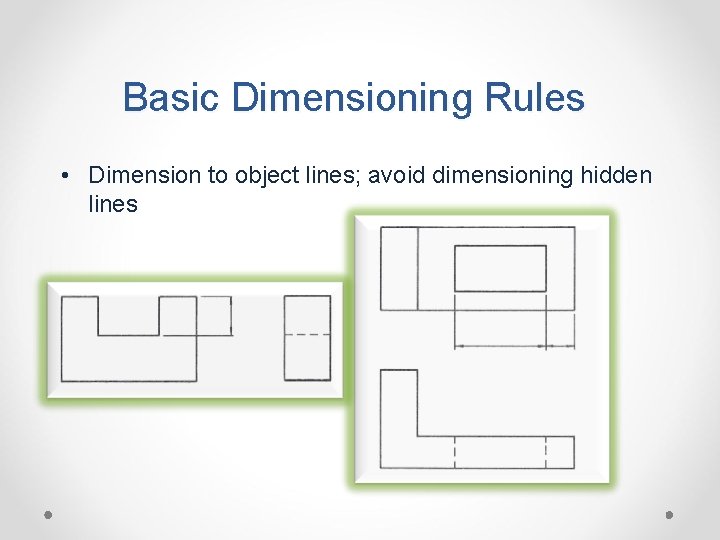 Basic Dimensioning Rules • Dimension to object lines; avoid dimensioning hidden lines 