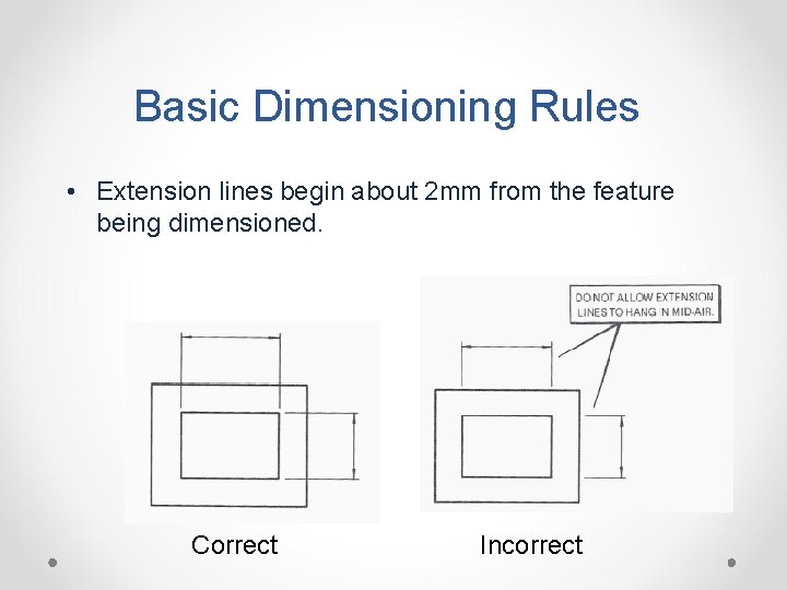 Basic Dimensioning Rules • Extension lines begin about 2 mm from the feature being