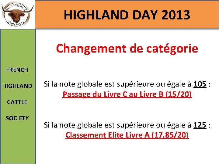HIGHLAND DAY 2013 Changement de catégorie FRENCH HIGHLAND CATTLE SOCIETY Si la note globale
