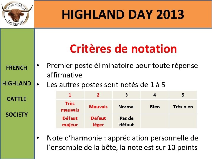 HIGHLAND DAY 2013 Critères de notation FRENCH HIGHLAND CATTLE SOCIETY • Premier poste éliminatoire