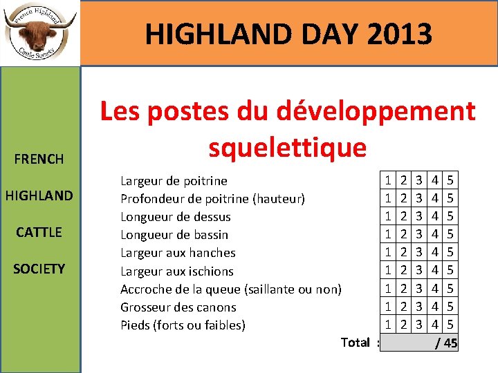 HIGHLAND DAY 2013 FRENCH HIGHLAND CATTLE SOCIETY Les postes du développement squelettique Largeur de