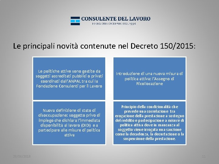 Le principali novità contenute nel Decreto 150/2015: 28/06/2018 Le politiche attive sono gestite da