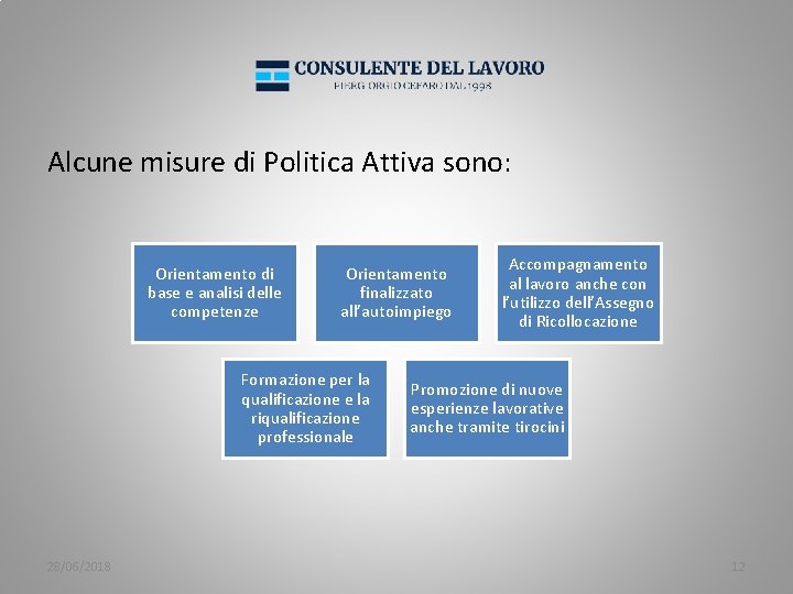 Alcune misure di Politica Attiva sono: Orientamento di base e analisi delle competenze Orientamento