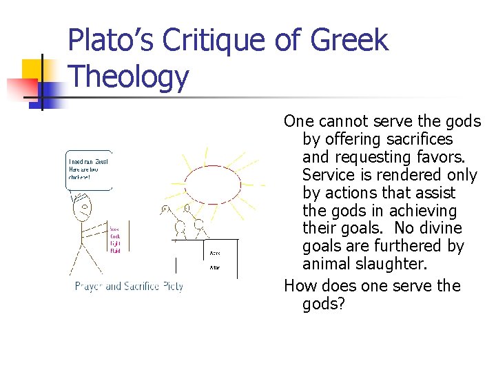 Plato’s Critique of Greek Theology One cannot serve the gods by offering sacrifices and