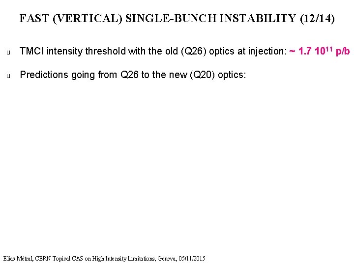 FAST (VERTICAL) SINGLE-BUNCH INSTABILITY (12/14) u TMCI intensity threshold with the old (Q 26)