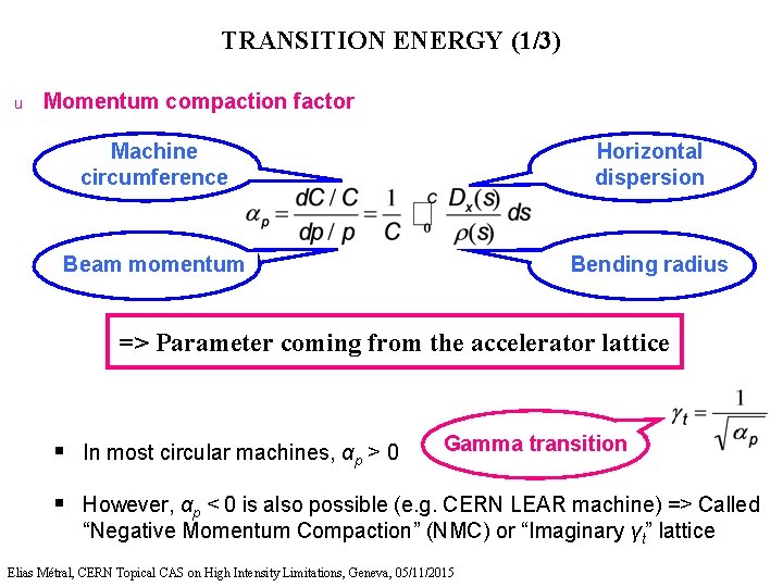 TRANSITION ENERGY (1/3) u Momentum compaction factor Machine circumference Horizontal dispersion Beam momentum Bending