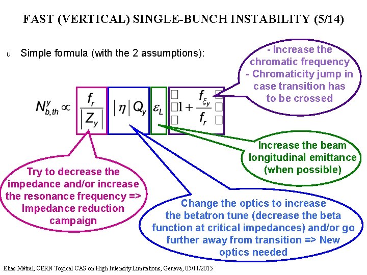 FAST (VERTICAL) SINGLE-BUNCH INSTABILITY (5/14) u Simple formula (with the 2 assumptions): Try to
