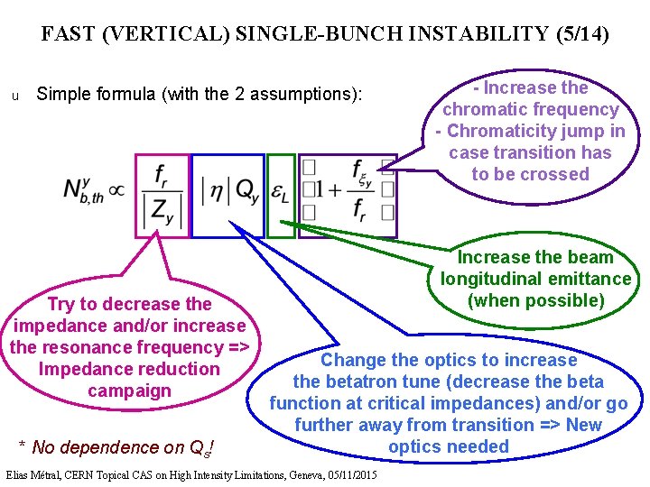 FAST (VERTICAL) SINGLE-BUNCH INSTABILITY (5/14) u Simple formula (with the 2 assumptions): Try to